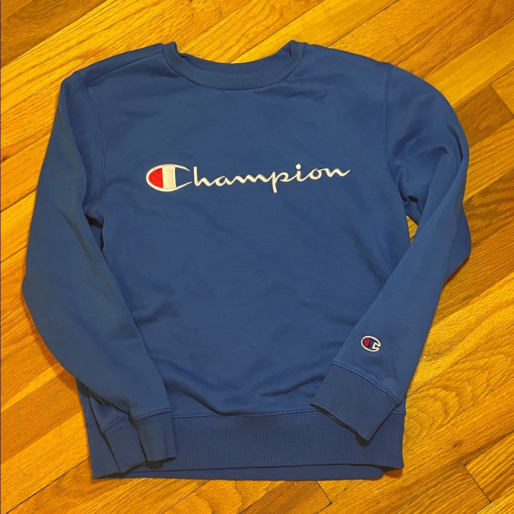 Champion Kids Royal Blue Sporty Cozy Crewneck Sweatshirt with Embroidered Logos